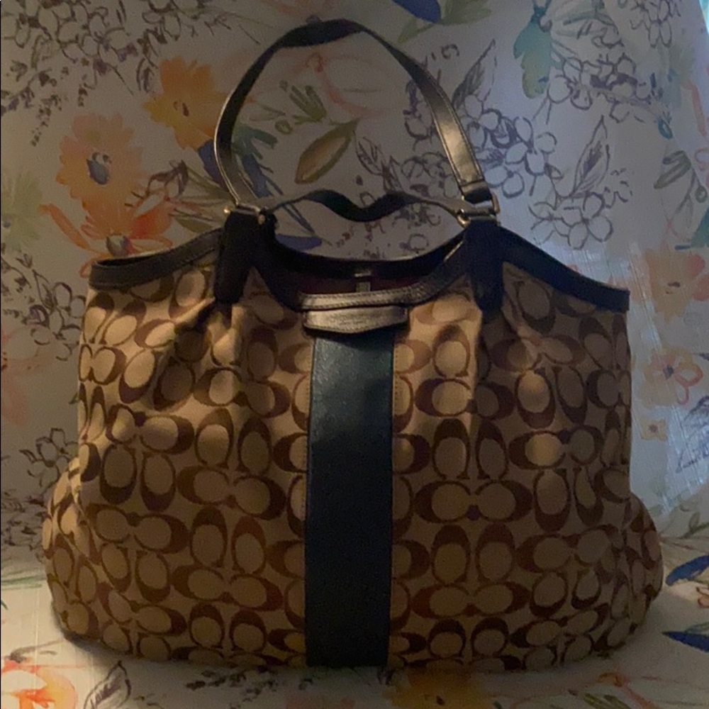 Coach VINTAGE Tan Brown Monogram Teal Green Single Striped Purse Bag Satchel